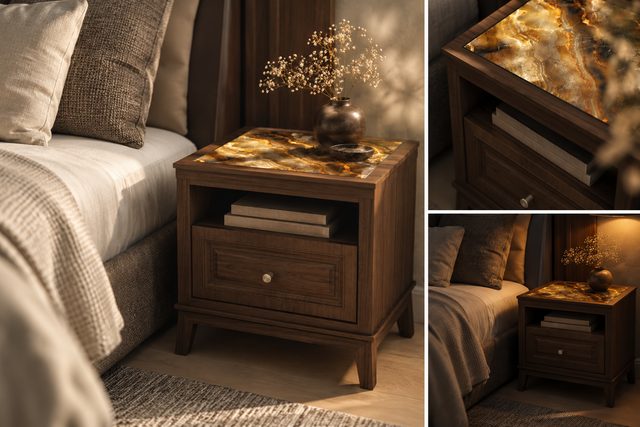Walnut side table with an amber illuminated glass top, shown in a room and detail views.