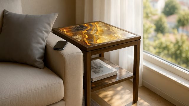 Wood side table with an amber illuminated glass top beside a sofa and window.