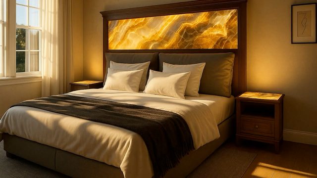 Bedroom with an amber illuminated glass headboard and matching nightstand tops.