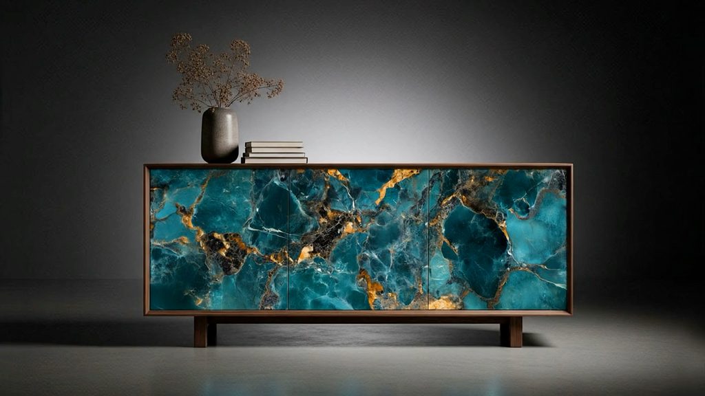Turquoise and gold decorative glass panels integrated into a wood sideboard.