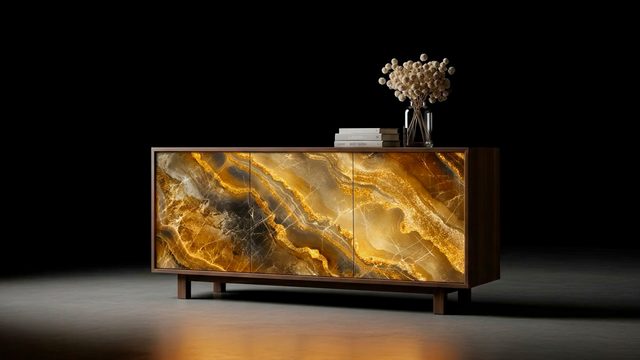 Sideboard with amber illuminated decorative glass fronts on a dark backdrop.