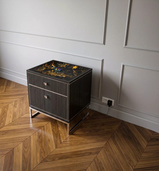 Dark wood two-drawer nightstand with an illuminated glass top and metal base.