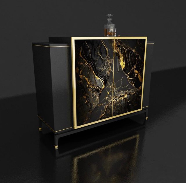 Bar cabinet with a black and gold decorative glass front and gold trim.