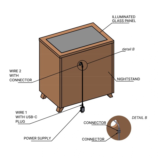 Furniture installation diagram: Installed panel. Rear view of the fitted panel and its cable connections.