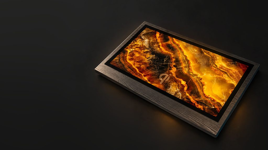 Amber illuminated stone-pattern glass panel with a dark wood frame and Qi charging mark.