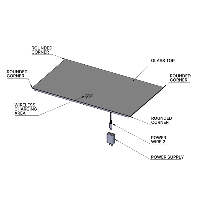 Wireless charging panel — top view. Glass top with rounded corners, marked wireless charging area and power connection.